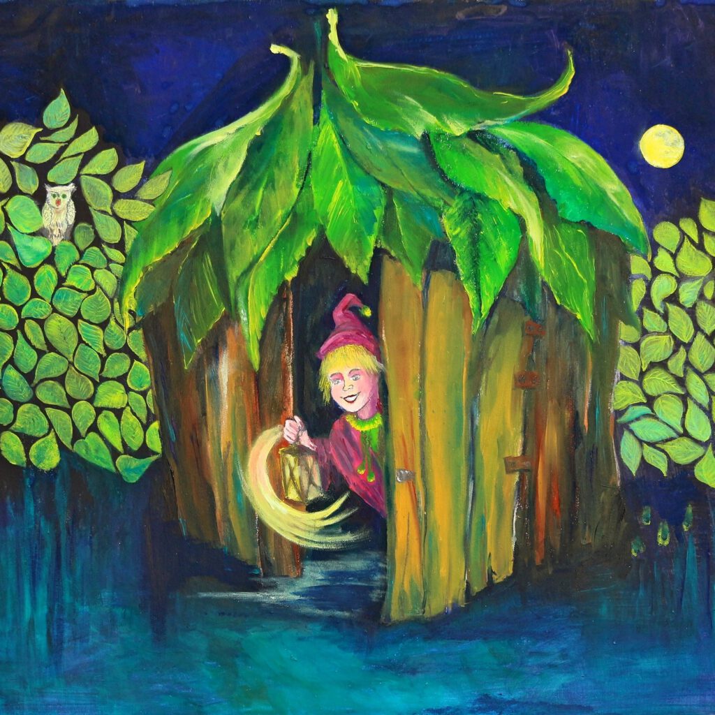 Welterusten Kleintje is een vrolijke wanddecoratie van een kaboutertje voor de kinderkamer. Gemaakt door Twinkelschilderijen.