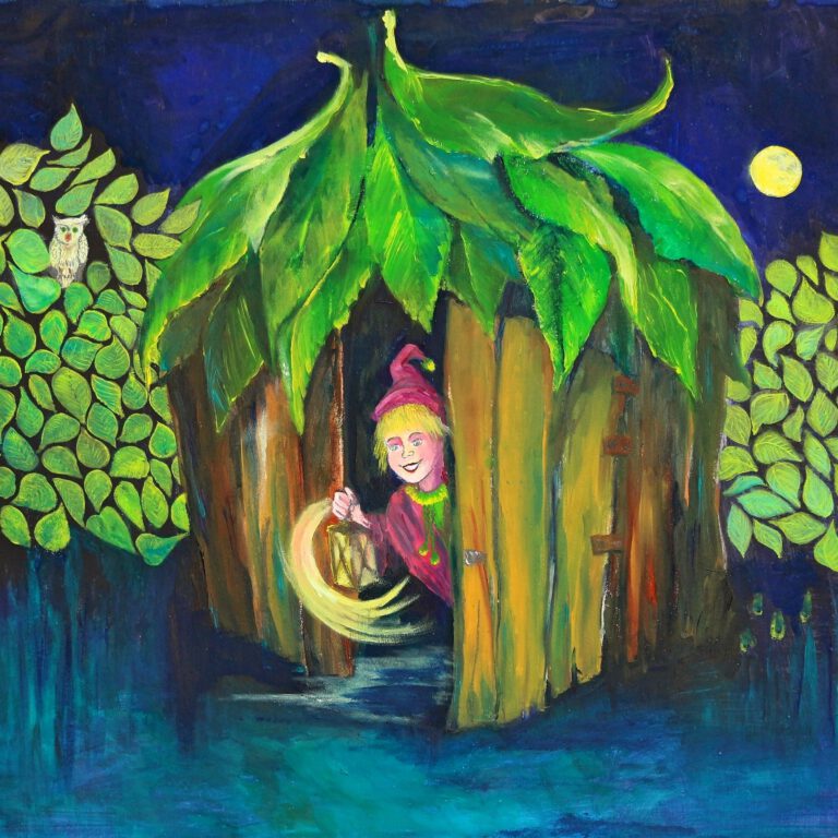 Welterusten Kleintje is een vrolijke wanddecoratie van een kaboutertje voor de kinderkamer. Gemaakt door Twinkelschilderijen.