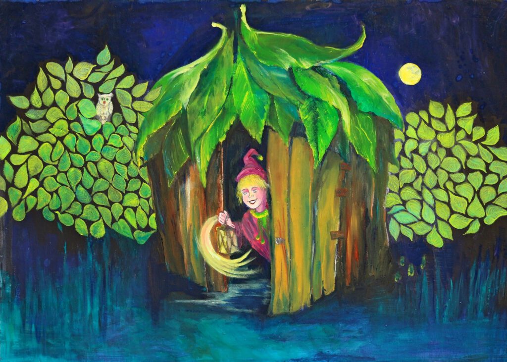 Welterusten Kleintje is een vrolijke wanddecoratie van een kaboutertje voor de kinderkamer. Gemaakt door Twinkelschilderijen.