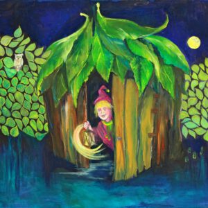 Welterusten Kleintje is een vrolijke wanddecoratie van een kaboutertje voor de kinderkamer. Gemaakt door Twinkelschilderijen.