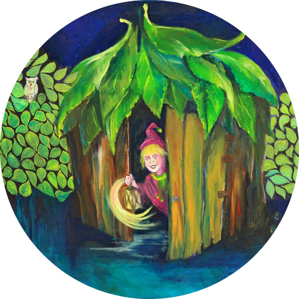 Welterusten Kleintje is een vrolijke wanddecoratie van een kaboutertje voor de kinderkamer. Gemaakt door Twinkelschilderijen.