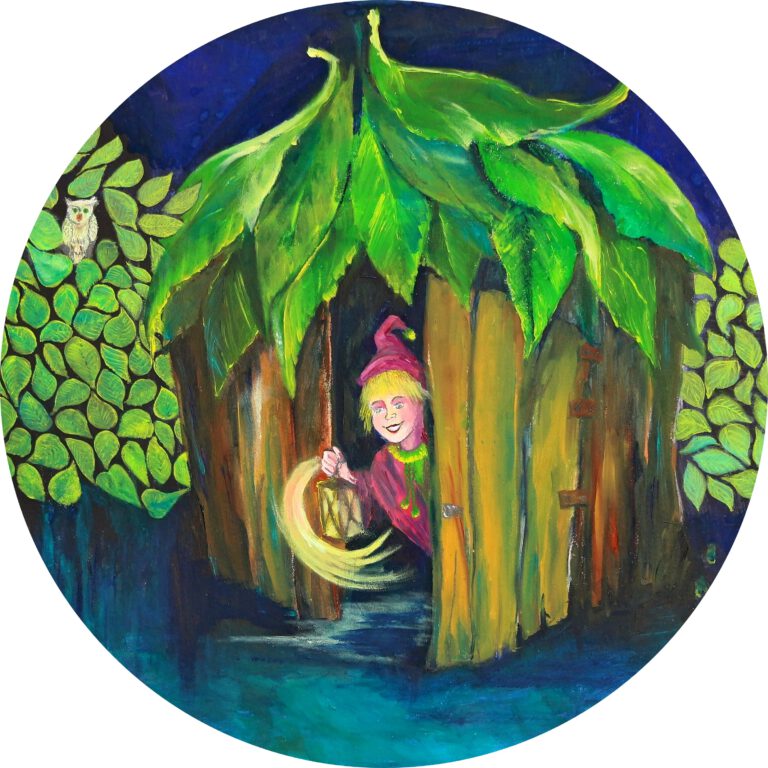 Welterusten Kleintje is een vrolijke wanddecoratie van een kaboutertje voor de kinderkamer. Gemaakt door Twinkelschilderijen.