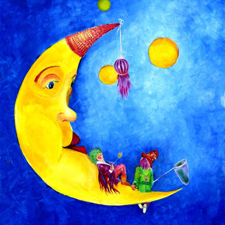 Maanmannetjes is een vrolijke wanddecoratie van Twinkelschilderijen. Een maantje met mannetjes voor de kinderkamer.