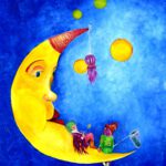 Maanmannetjes is een vrolijke wanddecoratie van Twinkelschilderijen. Een maantje met mannetjes voor de kinderkamer.