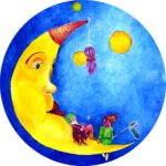 Maanmannetjes is een vrolijke wanddecoratie van Twinkelschilderijen. Een maantje met mannetjes voor de kinderkamer.