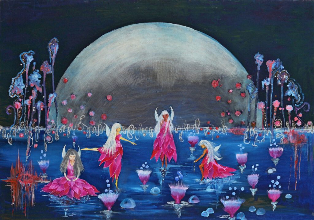 Wanddecoratie voor een meisjeskamer. Elfjes die in het maanlicht dansen met mooie roze jurkjes.