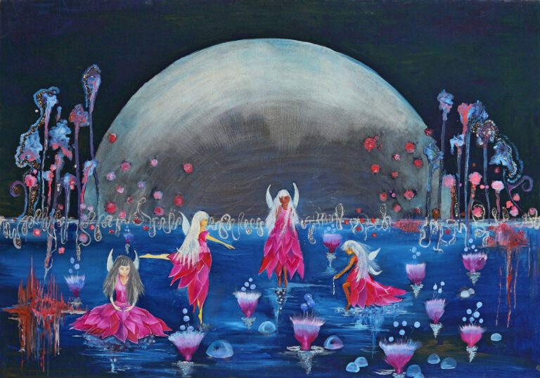 Wanddecoratie voor een meisjeskamer. Elfjes die in het maanlicht dansen met mooie roze jurkjes.