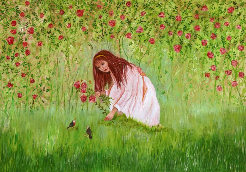 Sprookjesschilderij Doornroosje voor een meisjeskamer. Een prachtige wanddecoratie.