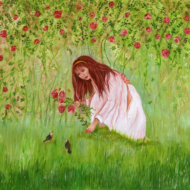 Sprookjesschilderij Doornroosje voor een meisjeskamer. Een prachtige wanddecoratie.