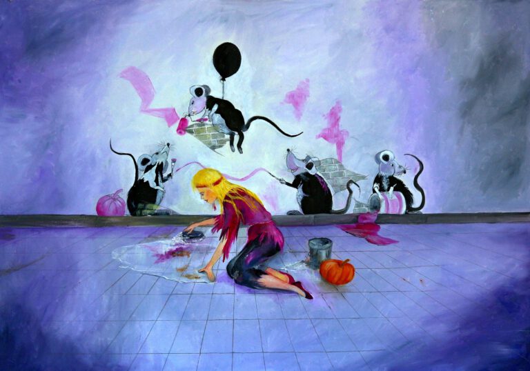 Wanddecoratie voor kinderkamers. Sprookje van Assepoester met muizen en pompoen