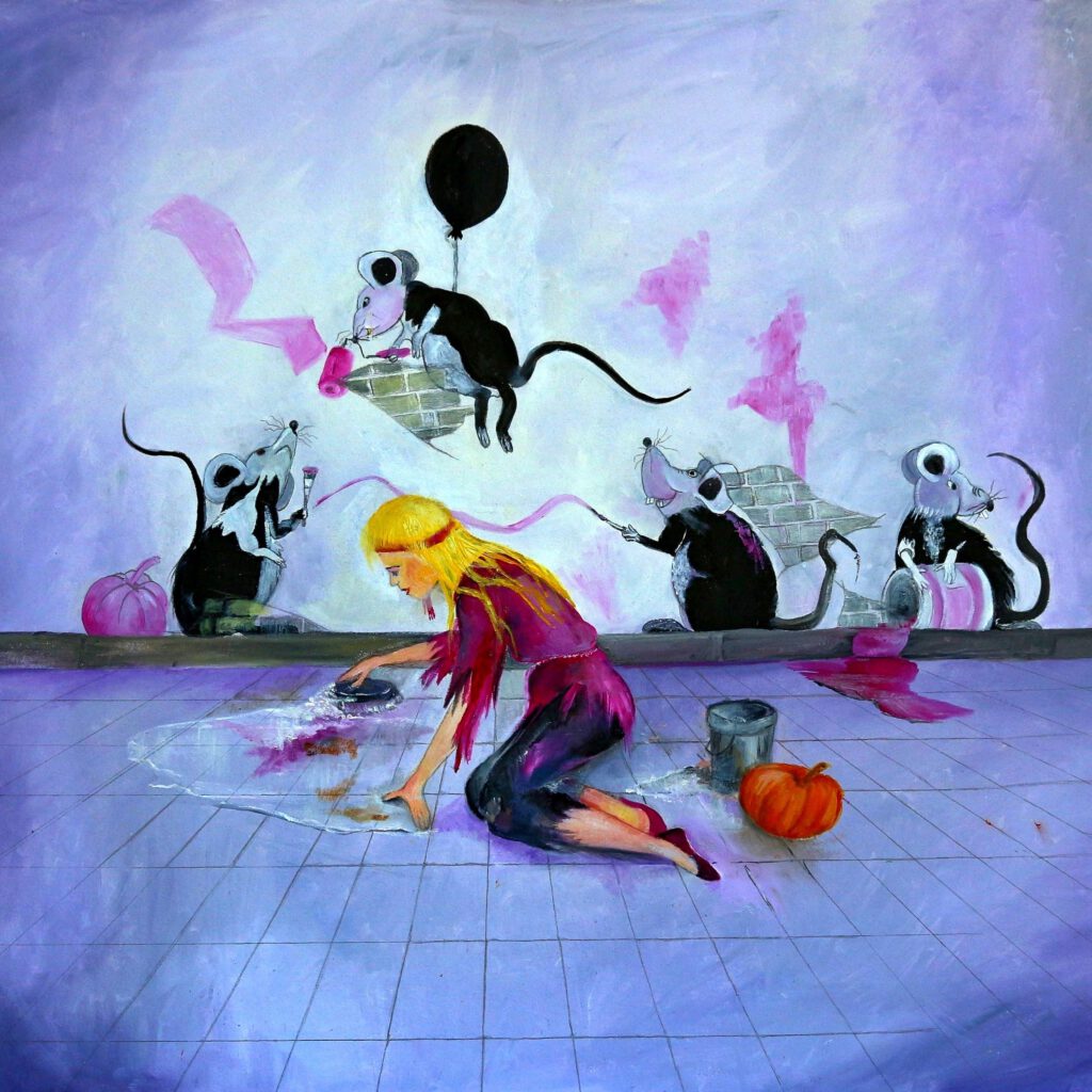 Wanddecoratie voor kinderkamers. Sprookje van Assepoester met muizen en pompoen