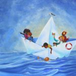 Kinderschilderij van een papierenhoedje met veel kindjes en hondje op zee. Wanddecoratie voor kinderkamers.