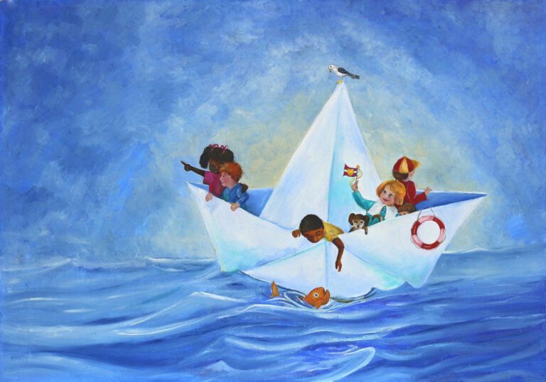 Kinderschilderij van een papierenhoedje met veel kindjes en hondje op zee. Wanddecoratie voor kinderkamers.
