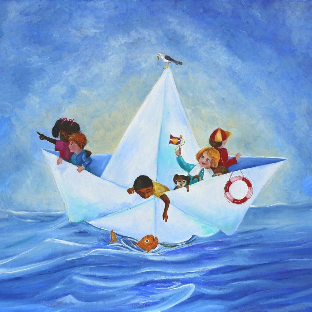 Kinderschilderij van een papierenhoedje met veel kindjes en hondje op zee. Wanddecoratie voor kinderkamers.