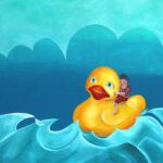 Wanddecoratie voor kinderkamers. Een Badeendje op golven met een kindje op zijn rug.