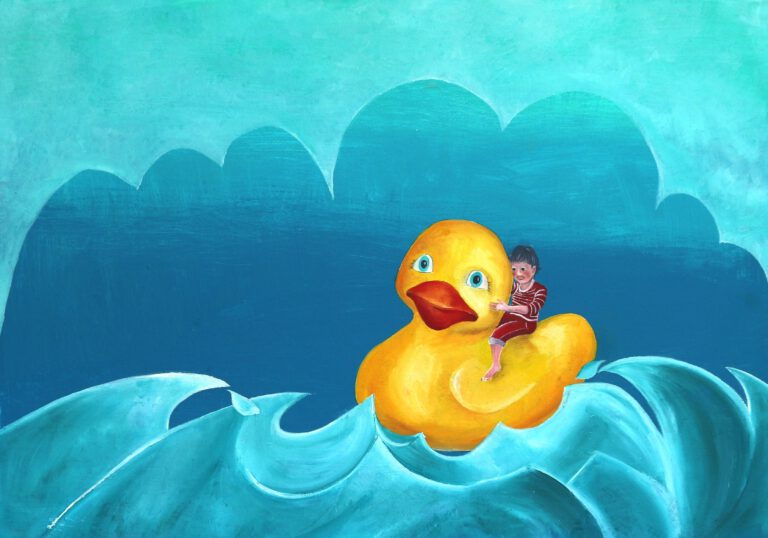 Wanddecoratie voor kinderkamers. Een Badeendje op golven met een kindje op zijn rug.