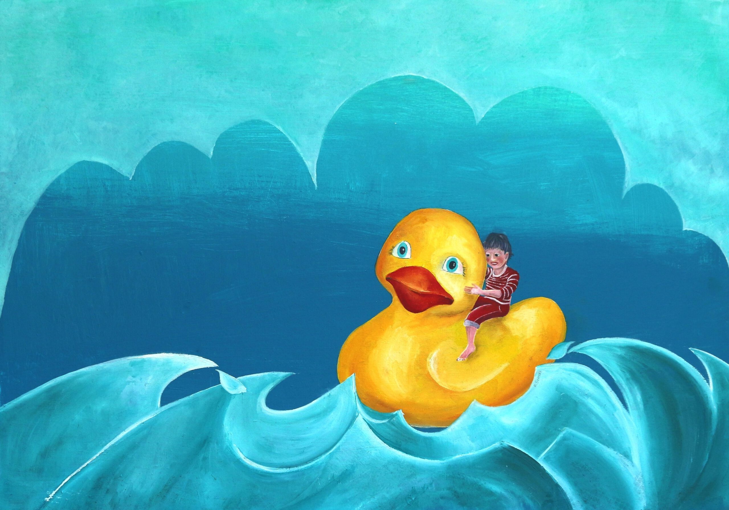 Wanddecoratie voor kinderkamers. Een Badeendje op golven met een kindje op zijn rug.