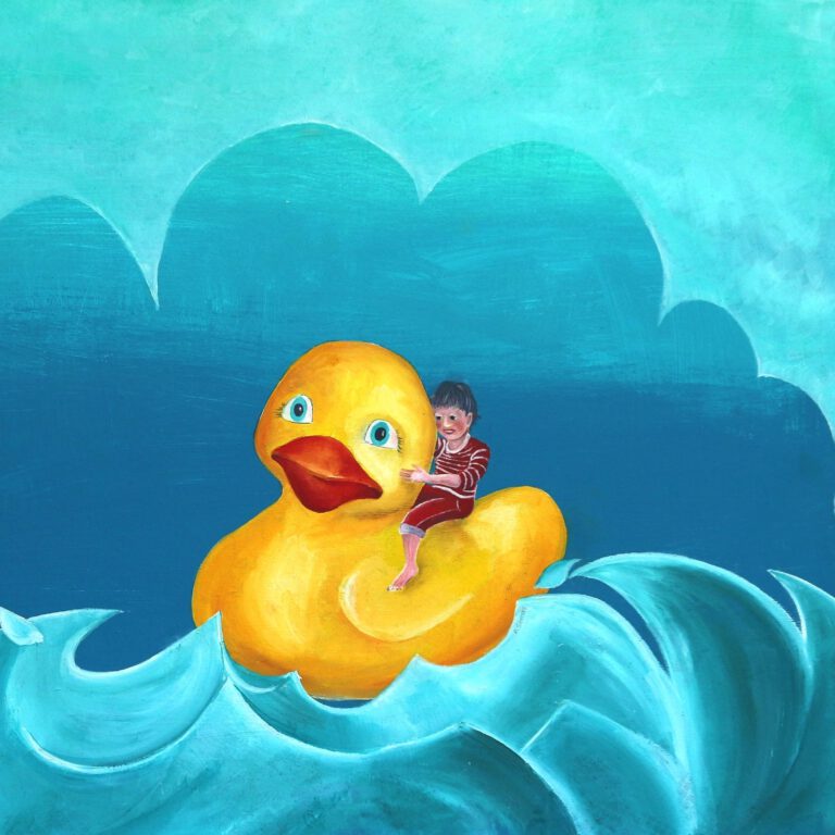 Wanddecoratie voor kinderkamers. Een Badeendje op golven met een kindje op zijn rug.