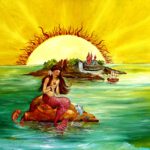 Wanddecoratie voor meisjeskamer. Een zeemeermin zit op een rots te spelen met visjes.