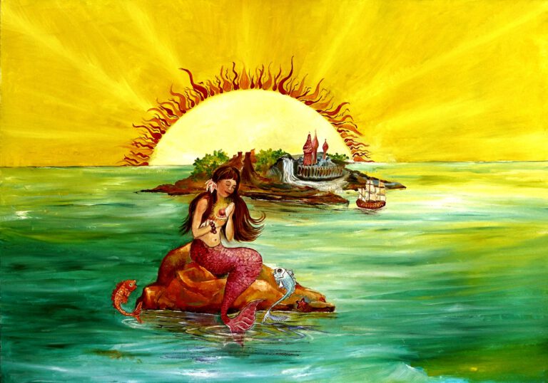 Wanddecoratie voor meisjeskamer. Een zeemeermin zit op een rots te spelen met visjes.