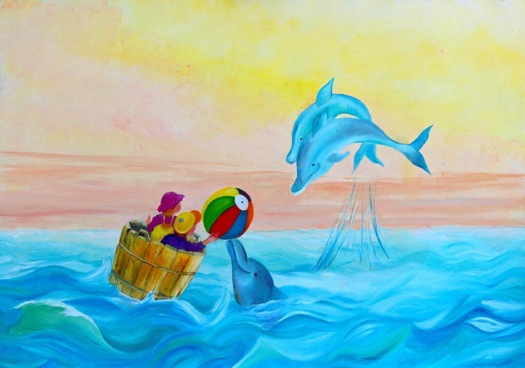 Wanddecoratie voor kinderkamers. Sprookjesschilderij met dolfijn en 2 kindjes