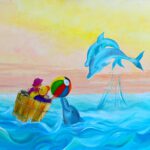 Wanddecoratie voor kinderkamers. Sprookjesschilderij met dolfijn en 2 kindjes