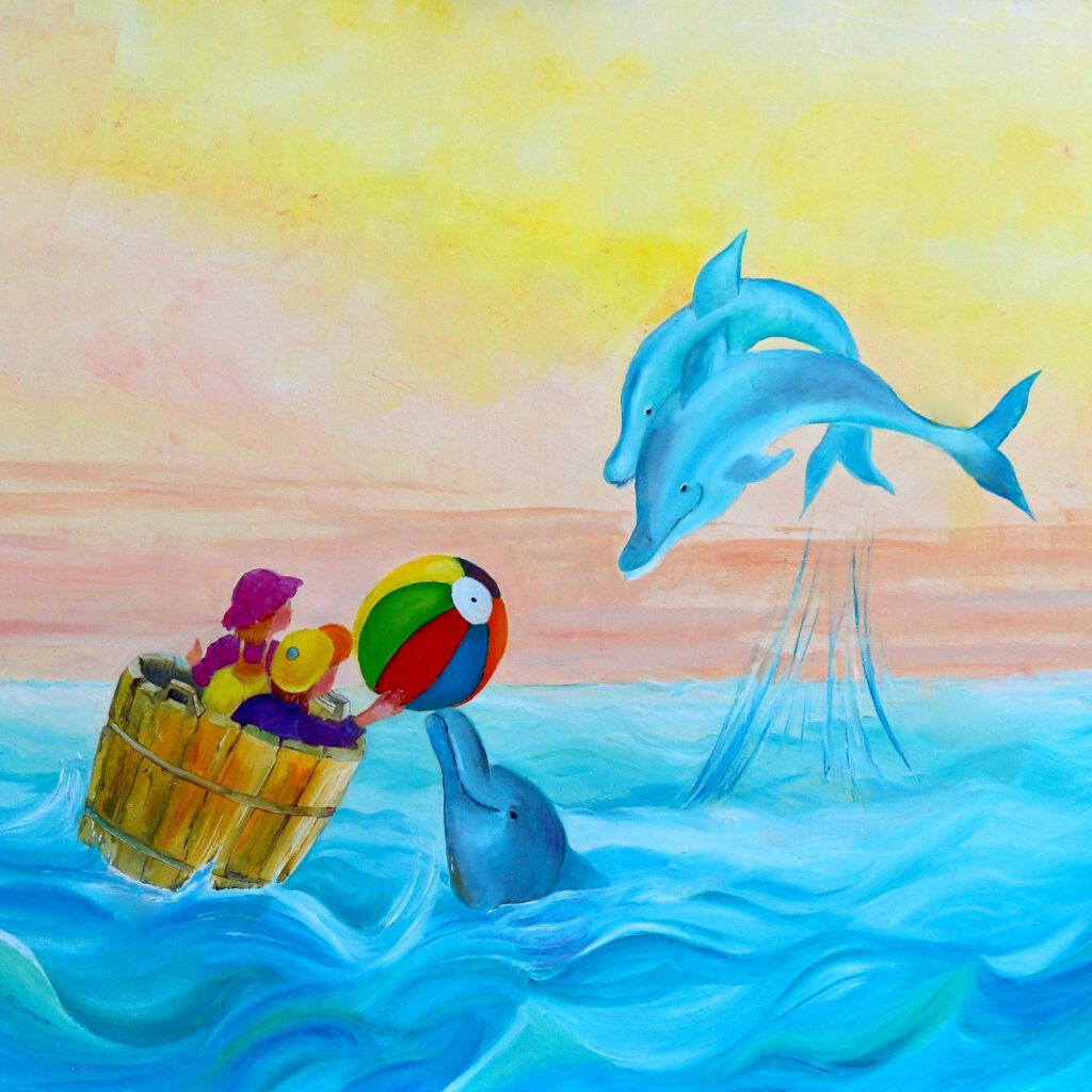 Wanddecoratie voor kinderkamers. Sprookjesschilderij met dolfijn en 2 kindjes