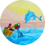 Wanddecoratie voor kinderkamers. Sprookjesschilderij met dolfijn en 2 kindjes