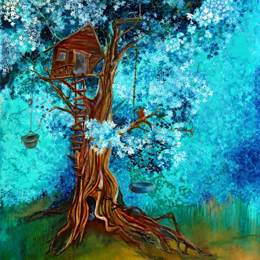 Wanddecoratie voor kinderkamers. Een boomhut met een paar konijntjes en schommel in turquoise tinten