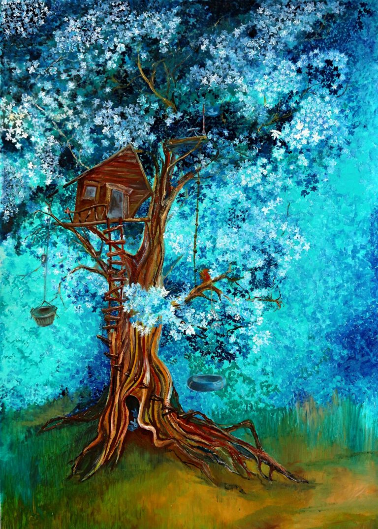 Wanddecoratie voor kinderkamers. Een boomhut met een paar konijntjes en schommel in turquoise tinten