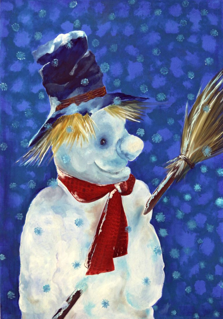 Wanddecoratie van een sneeuwman met een bezem. Een gezellige prent voor je interieur.