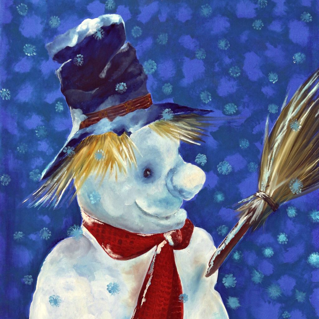 Wanddecoratie van een sneeuwman met een bezem. Een gezellige prent voor je interieur.