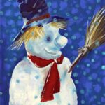 Wanddecoratie van een sneeuwman met een bezem. Een gezellige prent voor je interieur.