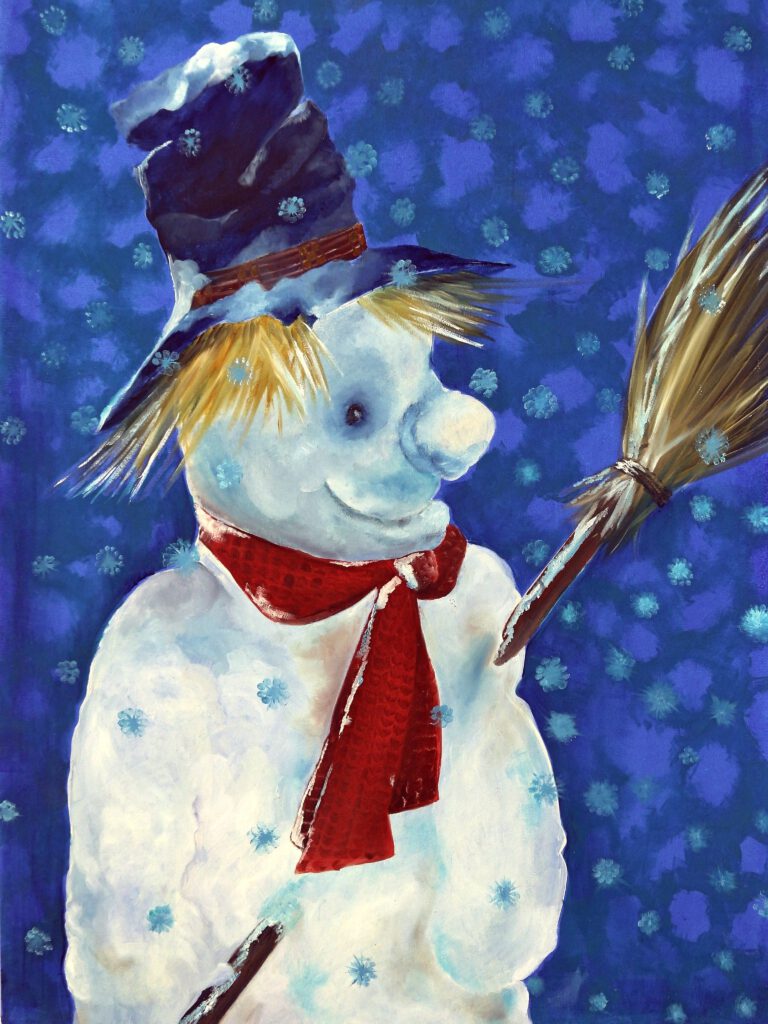 Wanddecoratie van een sneeuwman met een bezem. Een gezellige prent voor je interieur.