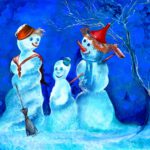 Wanddecoratie voor kinderkamers. Sneeuwpoppen geschilderd in vrolijke kleuren en staan in een winters landschap.