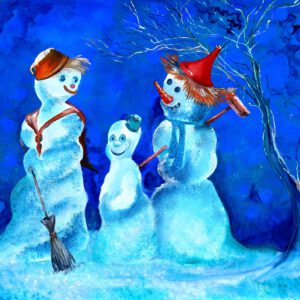 Wanddecoratie voor kinderkamers. Sneeuwpoppen geschilderd in vrolijke kleuren en staan in een winters landschap.