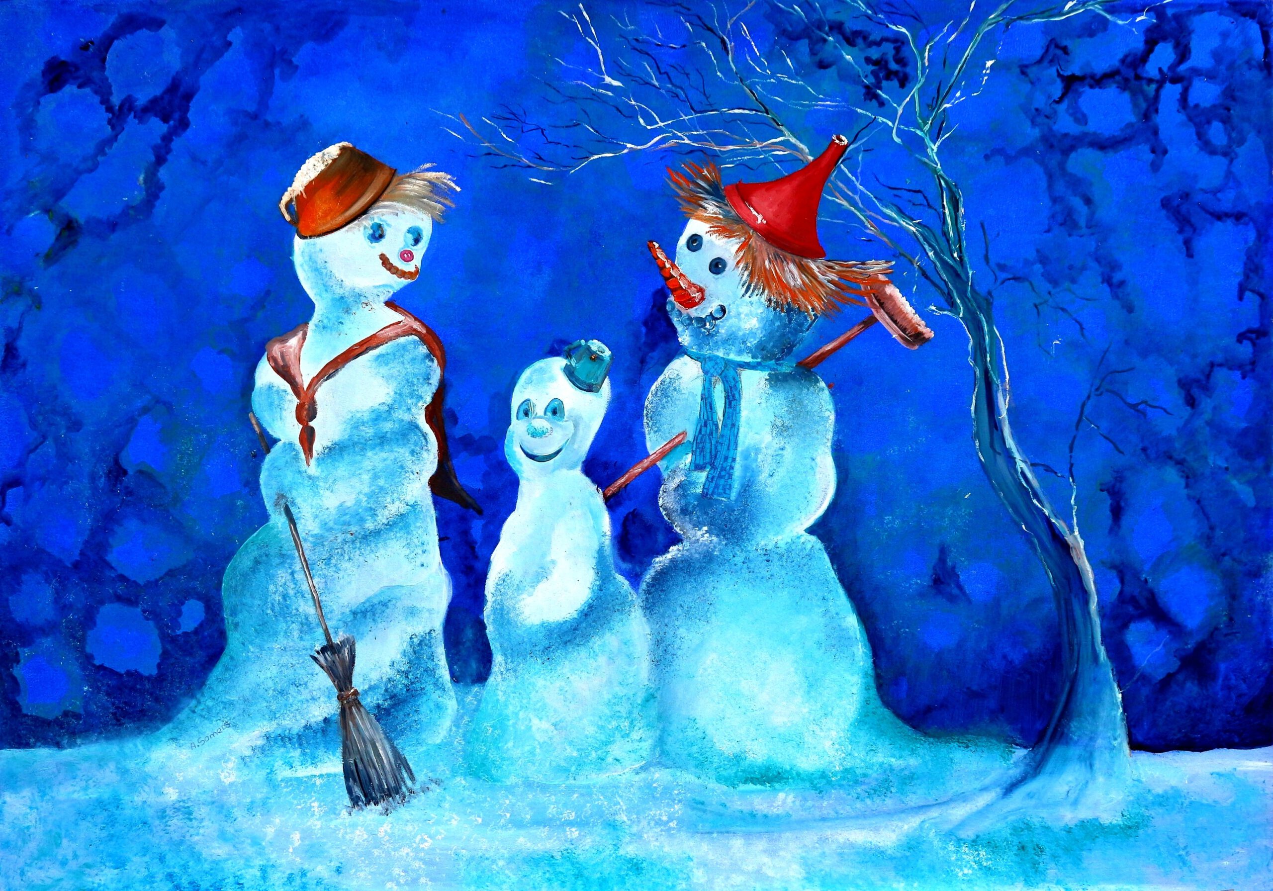 Wanddecoratie voor kinderkamers. Sneeuwpoppen geschilderd in vrolijke kleuren en staan in een winters landschap.