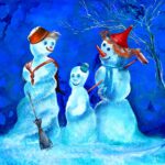 Wanddecoratie voor kinderkamers. Sneeuwpoppen geschilderd in vrolijke kleuren en staan in een winters landschap.