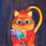 Wanddecoratie voor kinderkamers. Een grote rode kater houdt 2 vissen vast en kijkt je aan met grote groene ogen.