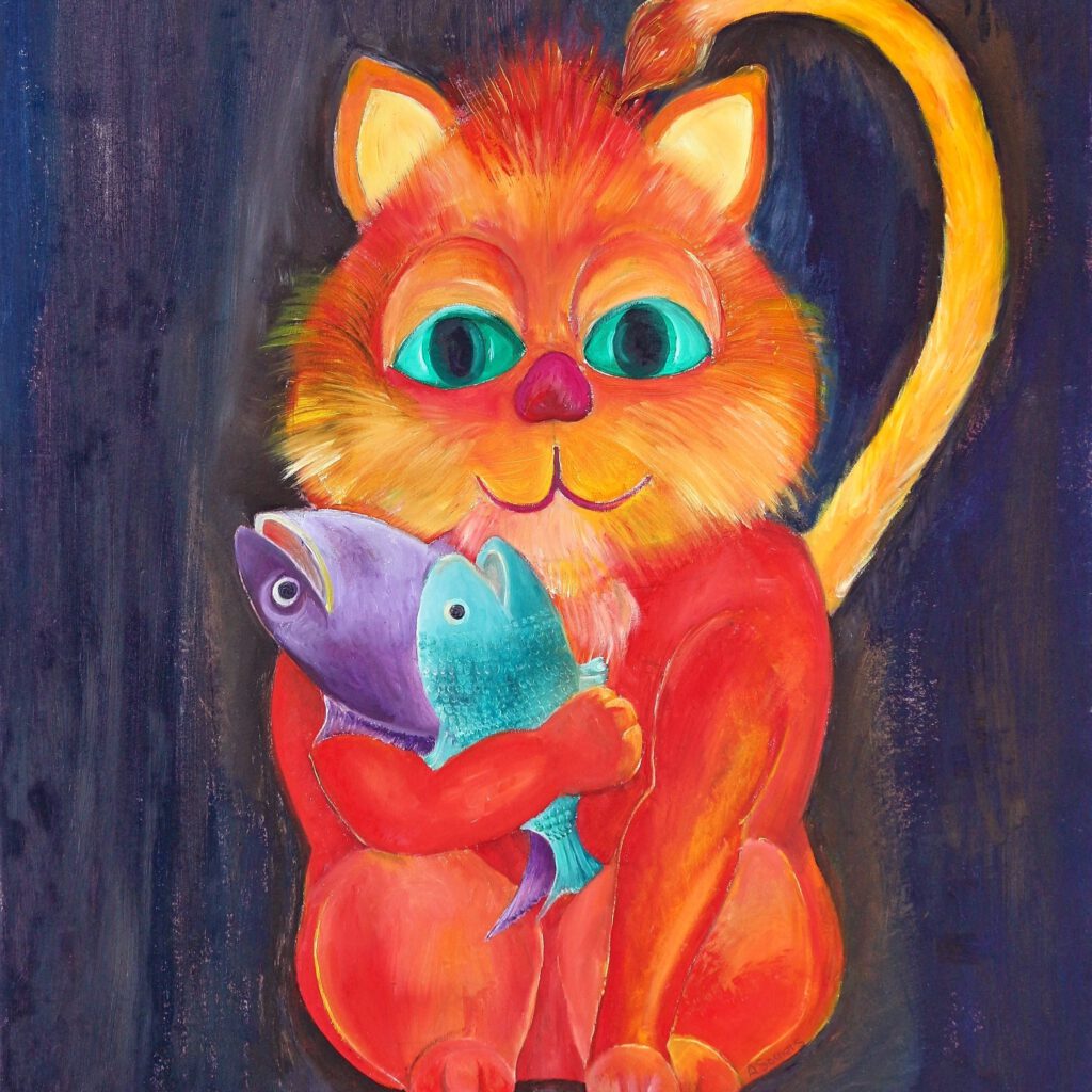 Wanddecoratie voor kinderkamers. Een grote rode kater houdt 2 vissen vast en kijkt je aan met grote groene ogen.