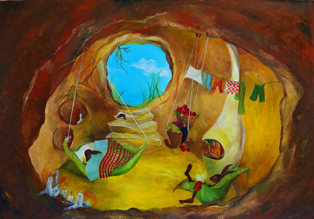 Wanddecoratie voor kinderkamers. Een konijnenholletje met een baby konijntje in bed en papa konijn leest de krant.