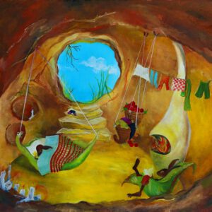 Wanddecoratie voor kinderkamers. Een konijnenholletje met een baby konijntje in bed en papa konijn leest de krant.