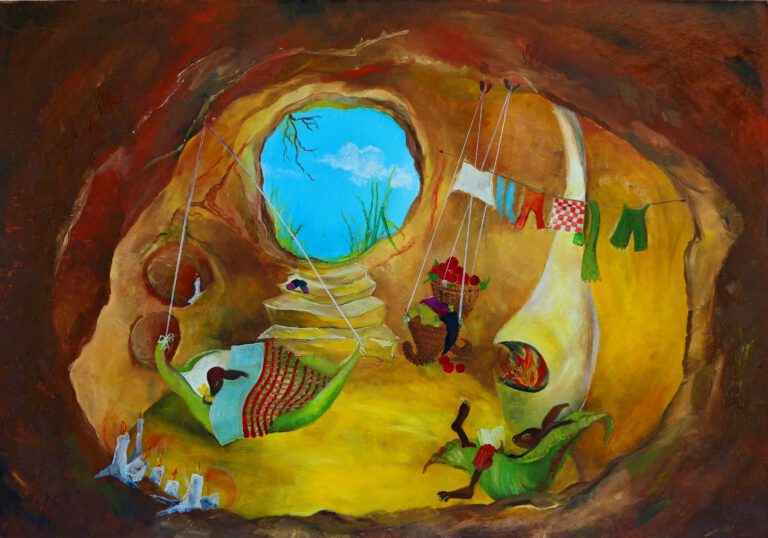 Wanddecoratie voor kinderkamers. Een konijnenholletje met een baby konijntje in bed en papa konijn leest de krant.