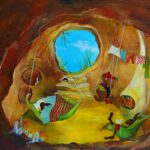 Wanddecoratie voor kinderkamers. Konijnenholletje met een baby-en papa-konijn in een schattig konijnenholletje.