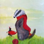 Wanddecoratie voor kinderkamers. Gedaste das is een vrolijk schilderij van een das en een kleine mier is ijverig een das aan het breien