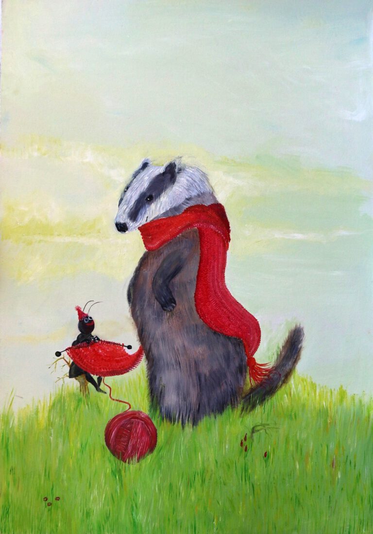 Wanddecoratie voor kinderkamers. Gedaste das is een vrolijk schilderij van een das en een kleine mier is ijverig een das aan het breien