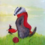 Wanddecoratie voor kinderkamers. Gedaste das is een vrolijk schilderij van een das en een kleine mier is ijverig een das aan het breien