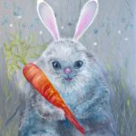 Wanddecoratie voor kinderkamer. Grappig happig harig konijn is een vrolijke prent voor je interieur. Een koddig konijn kijkt je vrolijk aan met een grote wortel.