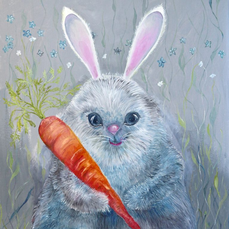 Wanddecoratie voor kinderkamer. Grappig happig harig konijn is een vrolijke prent voor je interieur. Een koddig konijn kijkt je vrolijk aan met een grote wortel.