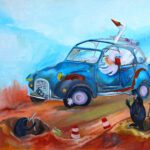 Wanddecoratie voor kinderkamer. Het lelijk eendje zit achter het stuur in een lelijk eendje. Er is een wegomlegging en mollen zijn druk bezig.